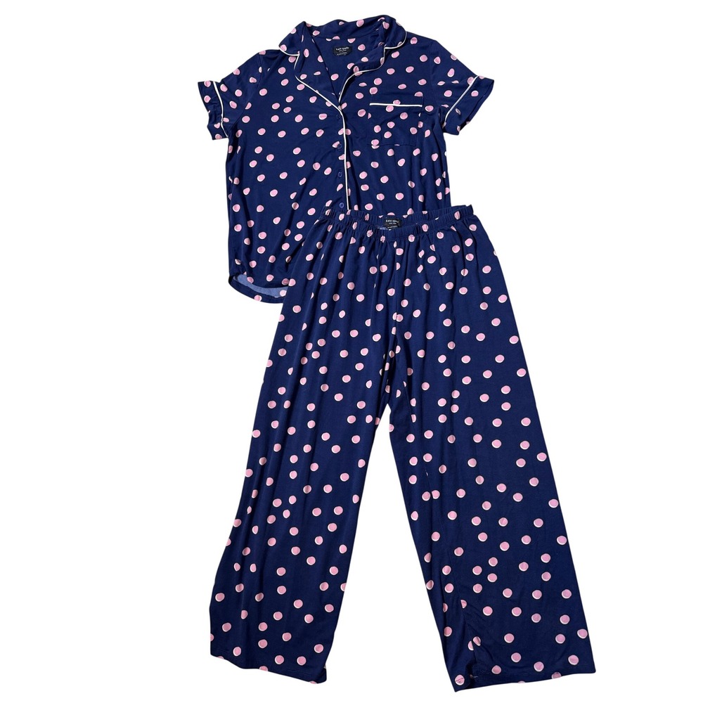 Kate Spade New York Navy Pink Polka Dot Pajama Set Short Sleeve Wide Leg M